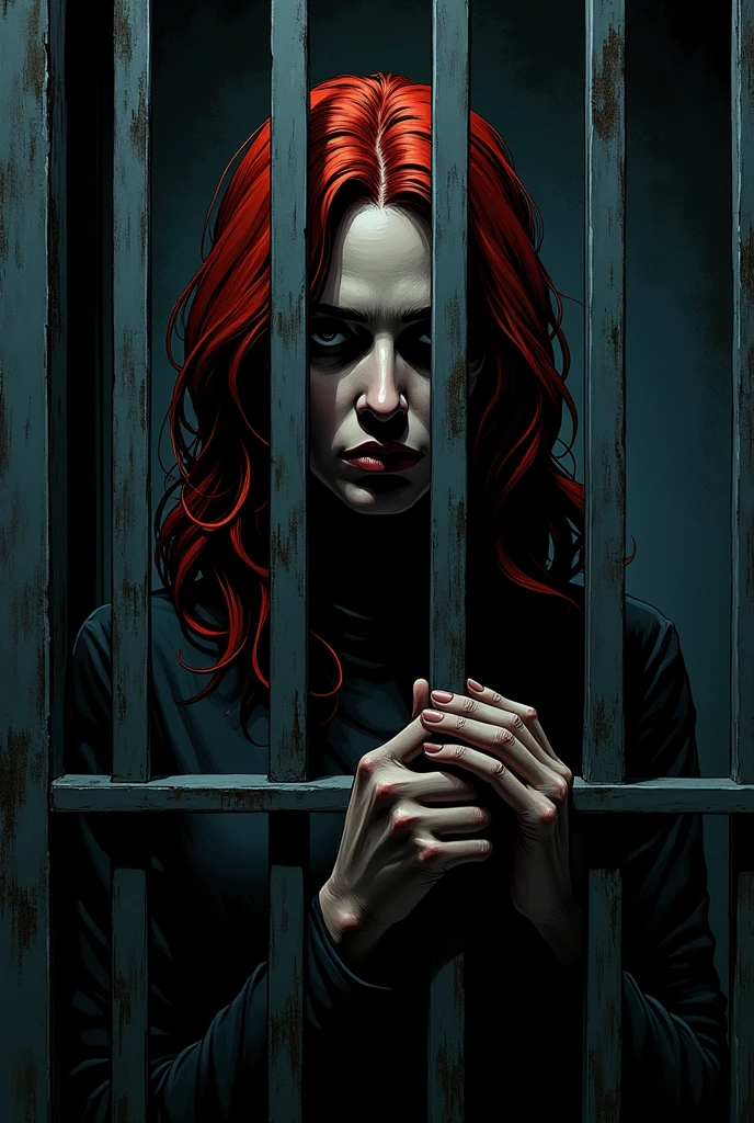comic book style faceless woman with red hair being arrested in a melancholic scene with dark colors, after killing her husband, she was imprisoned in jail, bars format 16 x 9
