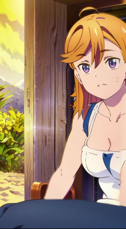 NSFW、（Best Quality, masutepiece, 超A high resolution,Photorealsitic、Official art,top-quality、）、Sunny Beach、artoria、maikurobikini、Colossal tits、kindly smile、Smile embarrassedly、Sleeveless、Chignon Hairstyles、