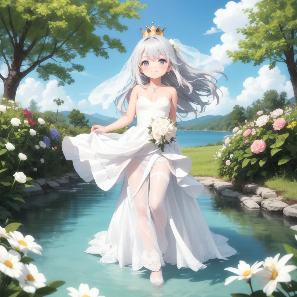 Wedding dress, bride, vale, wedding ring, neckless, crown, beautiful dress, flowers, blue dress, blush, smile, tease, bowes, ribbons, windy, , 1girl, Solo, long dress, High Resolution, masterpiece, silver hair, standing, water, strapless