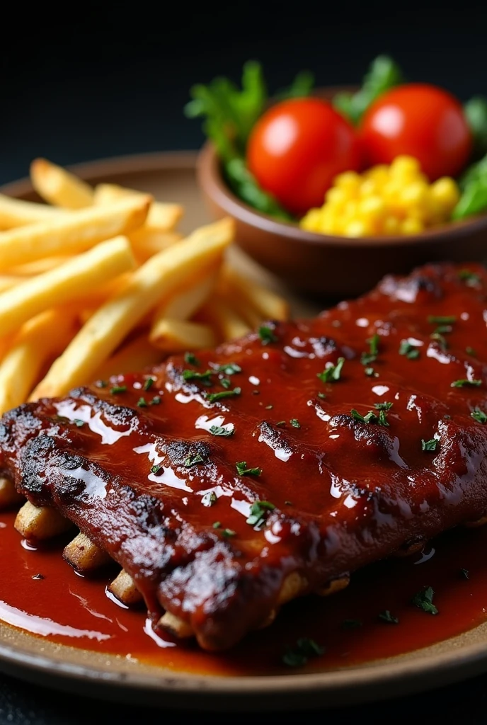 Generate an image of A GROUP OF PEOPLE FRIENDS YOUNG ADULTS two delicious grilled ribs with BBQ sauce, large and tasty accompanied by French fries and a small plate of salad with 2 cherry tomatoes, small yellow corn and grated carrot. 
 The background should be black and the colors warm