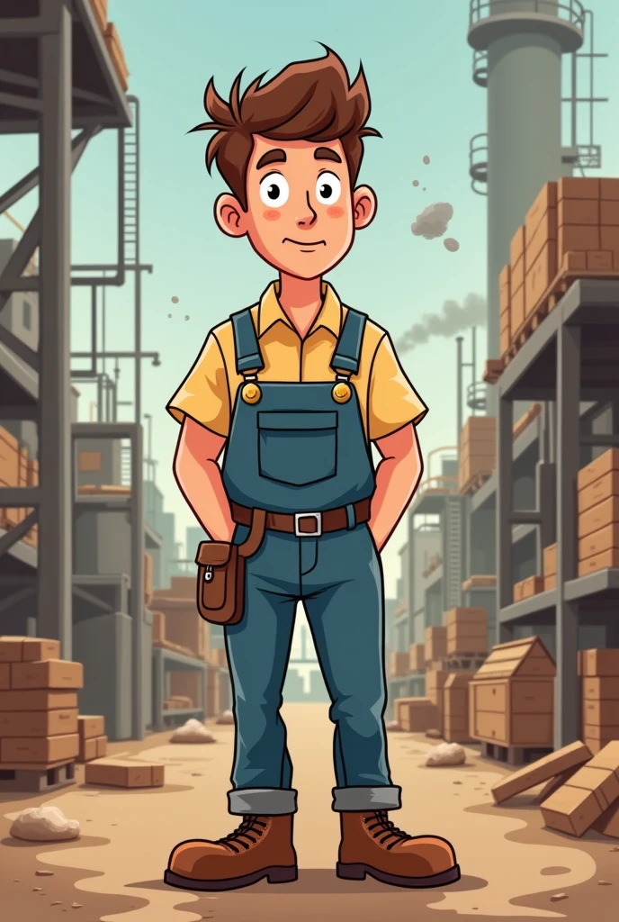 Easy cartoon drawing of a worker in a factory surrounded by dust