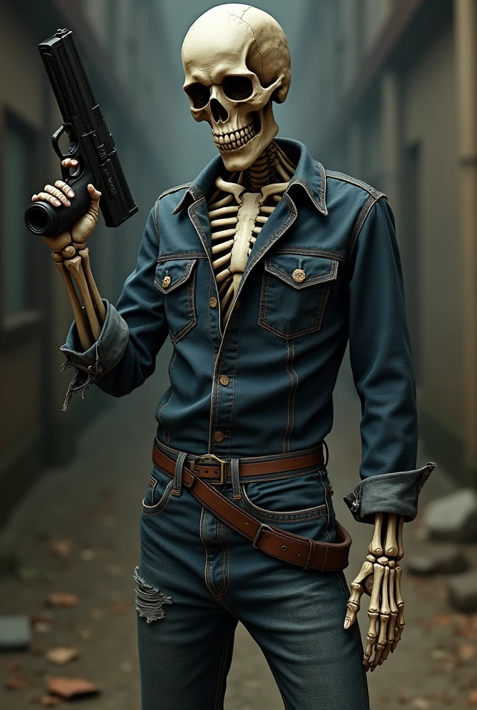 A skeleton wearing jeans and holding a gun
