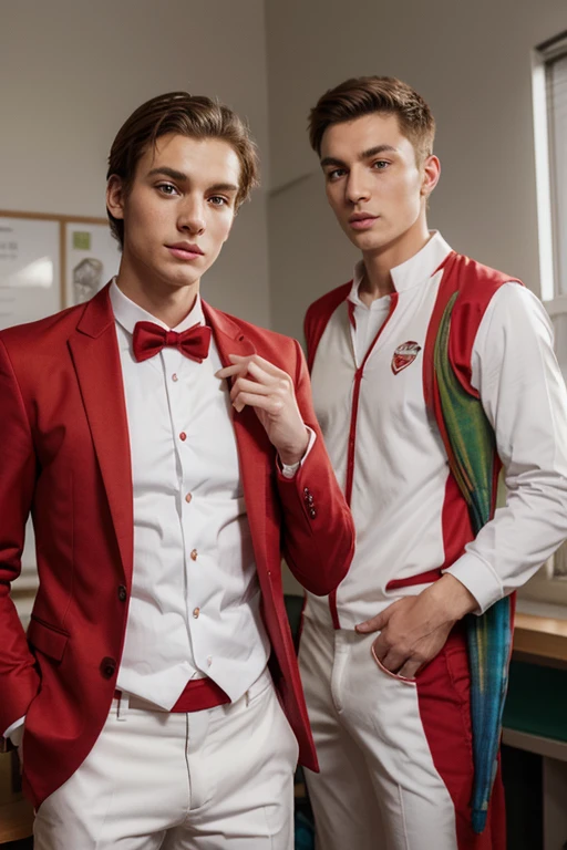 Young handsome cute white skinned smooth skinny beautiful face and wearing a red suit uniform shows his college classmate a parrot while his classmate was surprised looking at the parrot