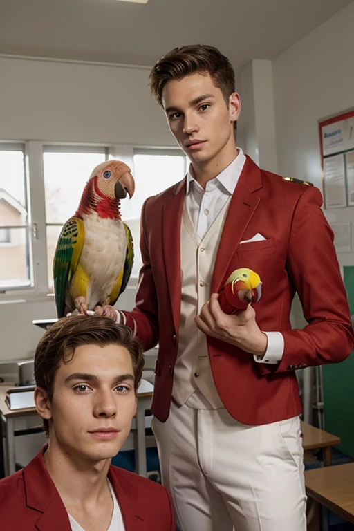 Young handsome cute white skinned smooth skinny beautiful face and wearing a red suit uniform shows his college classmate a parrot while his classmate was surprised looking at the parrot