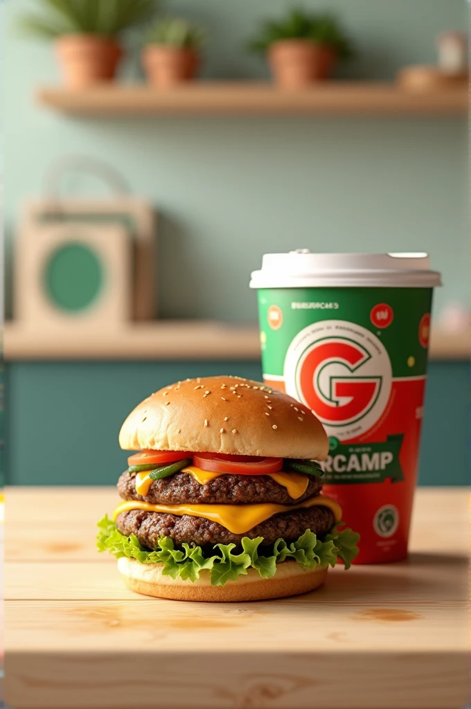 Hamburger next to a plastic cup with green and red details from the Guaracamp brand on top of a light wooden table