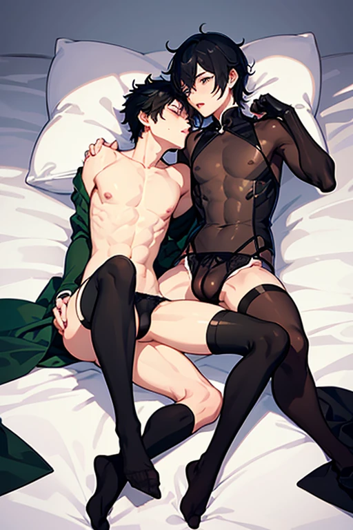Two guys, BL, homosexual, lying on a bed and kissing, commonality, both men cross-dressing, see-through Chinese dress, sheer gloves, knee-high socks, sheer nipples, bulging crotch, visible penis, 1st guy, around , black hair, green eyes, looks like he's enjoying it, looks embarrassed, 2nd guy, around 20 years old, silver hair, blue eyes, looks like he's enjoying it, looks embarrassed