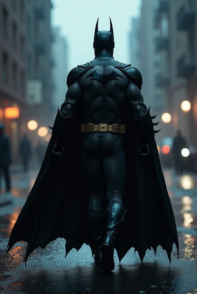 (Batman movie poster) Batman approaching the viewer on a rainy street, The caption in the center of the movie poster reads 'BATMAN', show all of him head to toe, grim, edgy
