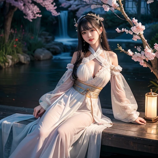 best quality, Delicate face,beautiful visual work, lifelike, eternity, black hair, Long curly hair, blunt bangs, Smile, Detailed Background, Delicate face,blush,cold,((masterpiece))、(top quality)、8k、high detail、Super detailed,21 years old female,Wearing Tang Dynasty Hanfu、waist skirt, Clothes are light and fluffy,Hanfu, wide sleeves, Transparent sleeves, Tunic, Clothes made of chiffon, Seductive and whimsical style、masterpiece、born、Scenes resembling fairy tale illustrations、Intricate details and complex designs、Beautifully、magic、capricious、 Beautifully、Dream aesthetics、「𝓡𝓸𝓶𝓪𝓷𝓽𝓲𝓬、ethereal、charming、fickle、magic」、Realism、Visual effects、FXAA、SSAO、Shaders、voiceless、ambient lighting、Tone mapping、High resolution、Ultra high quality、Million pixels、(8K resolution:1.10)、8k、Below 8K、8K resolution、high detail、intricate details, (high quality:1.2、masterpiece:1.2、:1.21)、(21 years old female:1.21)、(Smile excitedly)、(Surrounded by a dream-like atmosphere、Model diagram,full-body shot,Normal 2 feet,Put your hands behind you,The protrusion of the breast is visible when wearing clothes, Large Breasts, H cup chest, antiquity, Xian Xia, gauze clothes, Soft and fluttering, Fairy, dream, fantasy, light, elegant, nature, Immortal, romantic, classical, ribbon, light purple clothes, By the stream