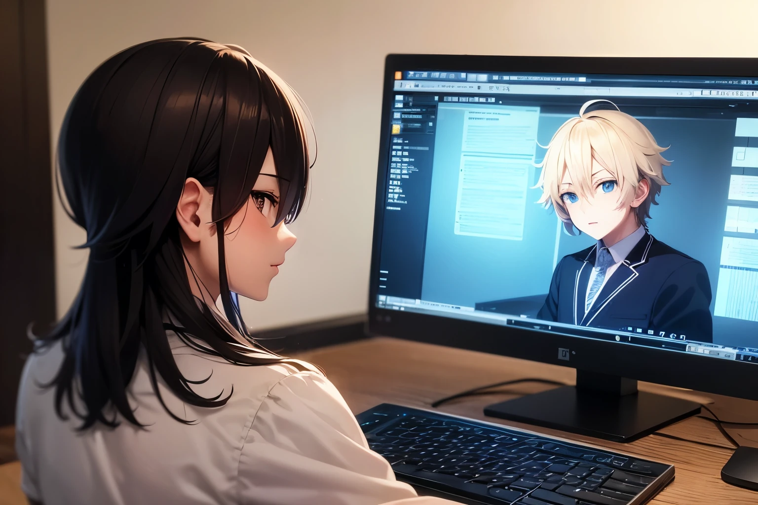 Anime man sitting at a desk with a laptop and a monitor, Anime Style 4k, 4k anime wallpaper, Amazing anime 8k, 4K Manga Wallpapers, Young Anime Guy, Anime Shōnen, anime wallpaper 4k, anime wallpaper 4k, High quality anime art style, Anime Moe Art Style, Anime Art Wallpapers 8K, anime art wallpaper 4k, RGB lighting,