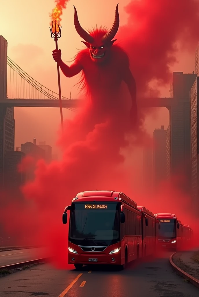 Sent by you:
Create me an image of a caravan of ten realistic red buses, modern, They advance forward one after the other leaving behind a dense red smoke. In the background, behind the city, A red demon rises, with a devilish smile, In one of his hands he holds a trident on fire, while a suspension bridge over a city, shrouded in the red mist emanating from the buses. The scene is disturbing and fascinating..