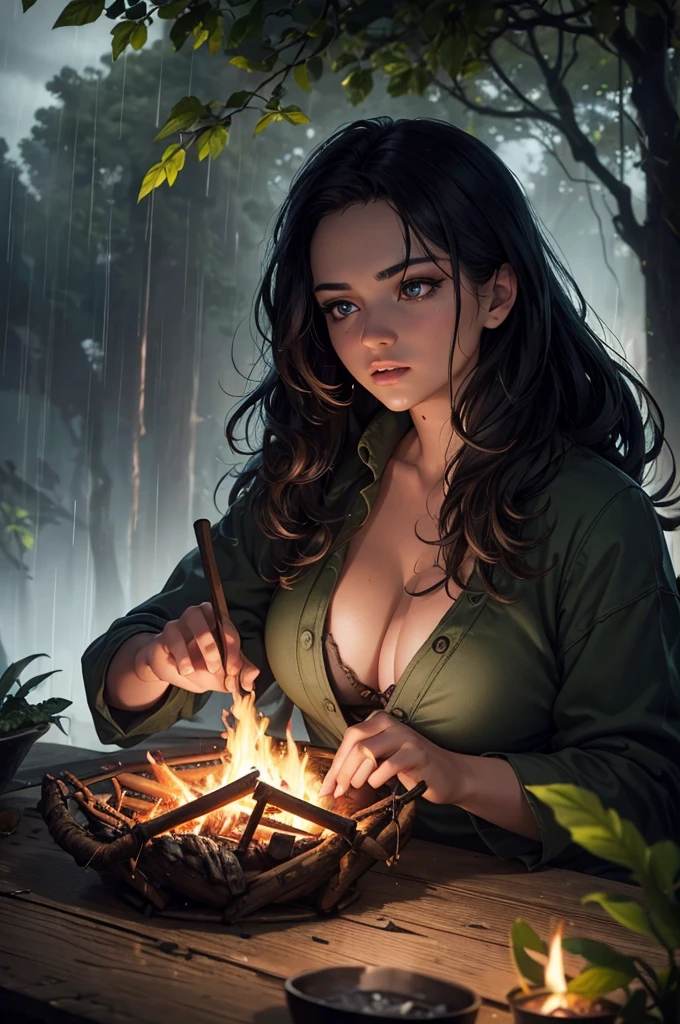 a large campfire in the middle of a dense jungle, rainy day, dramatic clouds, moody lighting, lush foliage, detailed textures, beautiful detailed eyes, beautiful detailed lips, extremely detailed eyes and face, long eyelashes, cinematic composition, epic scale, realistic, photorealistic, photo-realistic:1.37, best quality,4k,8k,highres,masterpiece:1.2,ultra-detailed,HDR,UHD,studio lighting,ultra-fine painting,sharp focus,physically-based rendering,extreme detail description,professional,vivid colors,bokeh,dramatic lighting,moody atmosphere,dramatic storm clouds,heavy rain,lush jungle vegetation,mossy logs,glowing embers,warm campfire flames,firelight reflections,cinematic composition,epic scale