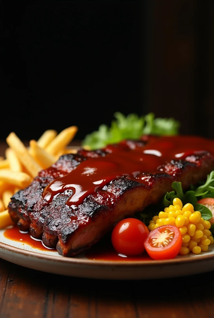 Generates an image of A GROUP OF YOUNG ADULTS EATING AT A TABLE two delicious grilled ribs with BBQ sauce, large and tasty accompanied by French fries and a small plate of salad with 2 cherry tomatoes, small yellow corn and grated carrot.
The background should be black and the colors warm