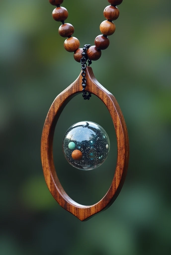 collar, thin oval wooden edge, In the center of the oval there is a sphere with space and planets inside it., The chain is made of small wooden spheres that hold the shape by one of the corners of the oval., The oval is shaped like an eye rotated towards one of its corners so that the chain holds it by one of its corners., the wooden form has no depth