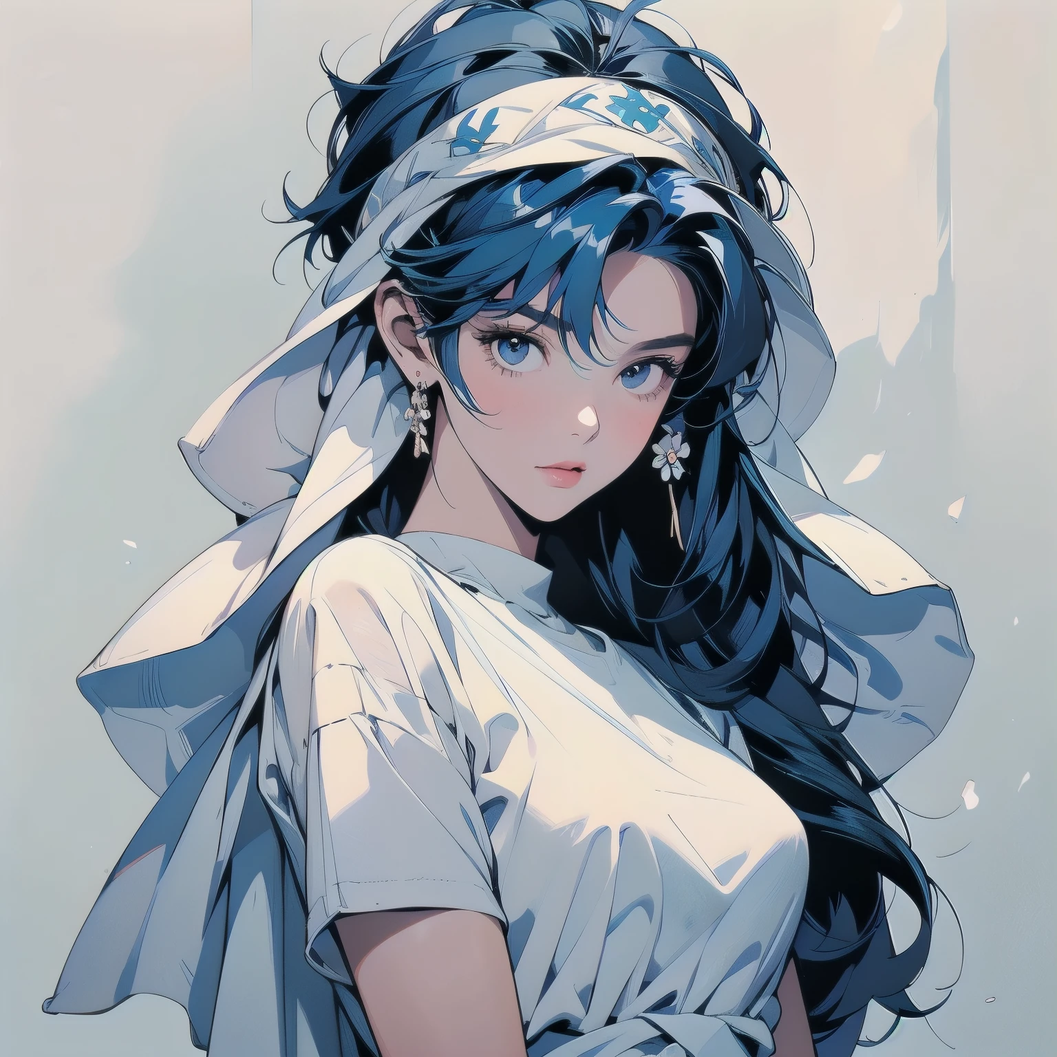 trigun、Persona、Beautiful woman、Movie Posters、Upper Body、Model Pose、mysterious、Small breasts、Black Hair、Short sleeve、(((Blue hair color))),Lots of flowers、Angel、(((Wear a white cloth on your head)))
