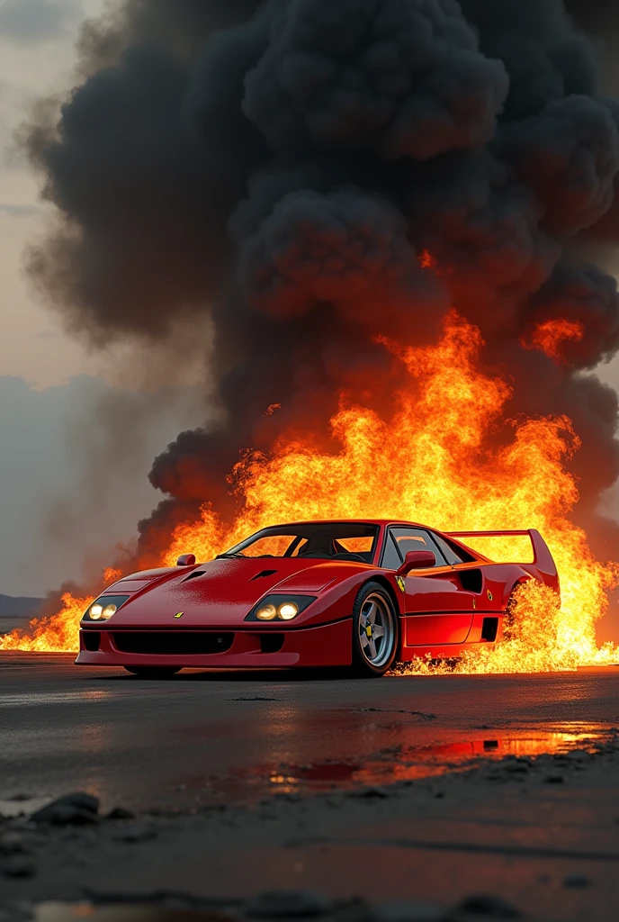 Ferrari f40 on fire with black smoke recreating a legendary photo that looks realistic 