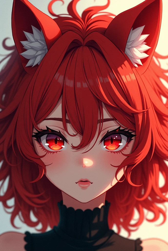 Anime woman with red curly hair wolf ears and red eyes 