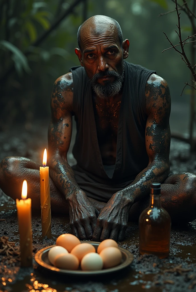 black male,unshaven beard,worn out clothes,eyes browns,,middle-age, feet in the mud, sitting in a swamp,like lit candles and a plate with eggs and a bottle of cachaça, baldie, body covered in black slime 