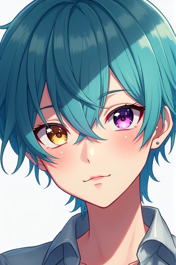 Anime boy with short, two-colored hair, half dark turquoise on the right and half light turquoise on the left, with heterochromia right eye purple and left eye yellow idol