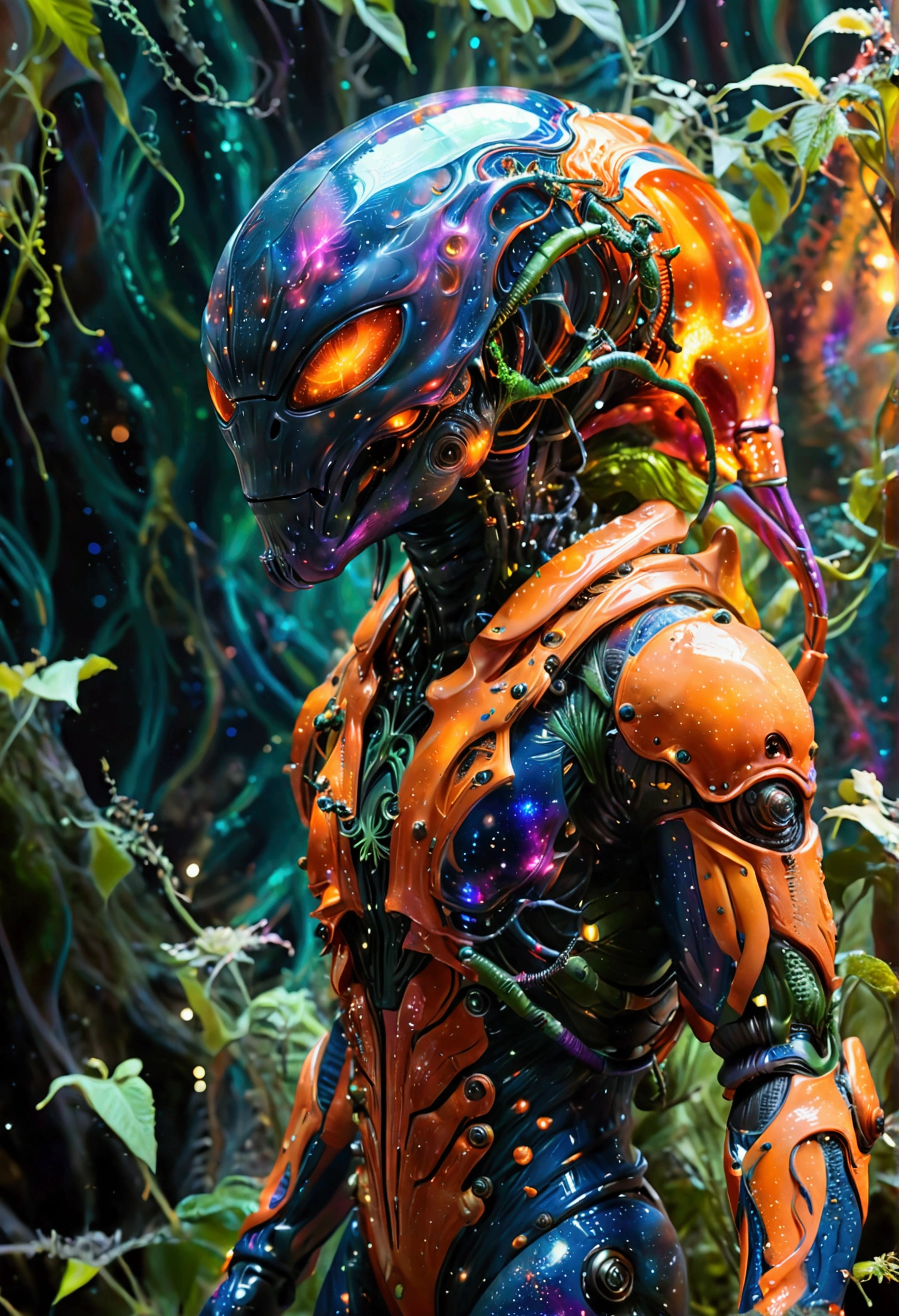 An alien wearing the most advanced technology of alien spaceship in the dark universe, a unique alien alien, dressed in an orange-studded, high-tech spacesuit, is depicted wandering in a vibrantly hued space environment. A profusion of colors from red to blue, and green to violet, embody the cosmic spectacle around the space traveler. An ethereal mix of hues is noticed as a gigantic supernova bursts, unleashing colossal energy in the background. This sublime celestial event with incandescent filaments and pulsating radiances illuminates the wonders of the infinite universe, casting a spectacular light across the panorama. This mesmerizing view celebrates the awe-inspiring beauty and mystery of space.