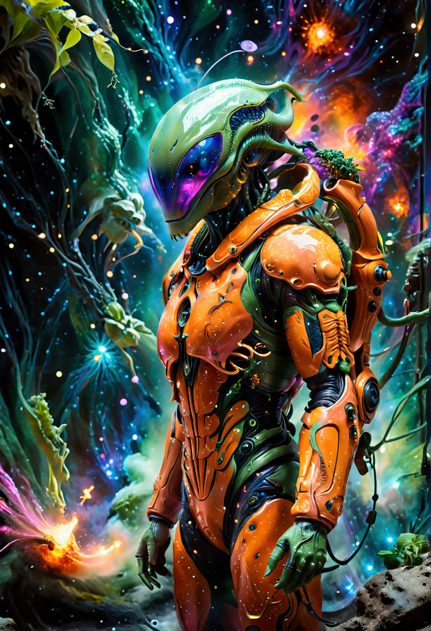 An alien wearing the most advanced technology of alien spaceship in the dark universe, a unique alien alien, dressed in an orange-studded, high-tech spacesuit, is depicted wandering in a vibrantly hued space environment. A profusion of colors from red to blue, and green to violet, embody the cosmic spectacle around the space traveler. An ethereal mix of hues is noticed as a gigantic supernova bursts, unleashing colossal energy in the background. This sublime celestial event with incandescent filaments and pulsating radiances illuminates the wonders of the infinite universe, casting a spectacular light across the panorama. This mesmerizing view celebrates the awe-inspiring beauty and mystery of space.