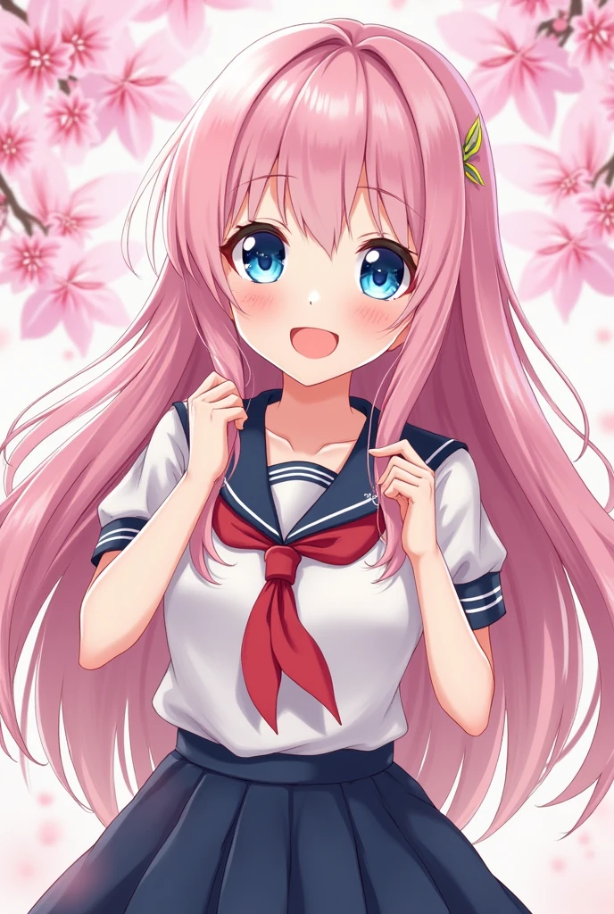 "Beautiful young anime girl, long flowing pastel pink hair, large expressive blue eyes, cheerful smile, wearing a cute school uniform, cherry blossom background, detailed illustration, vibrant colors"