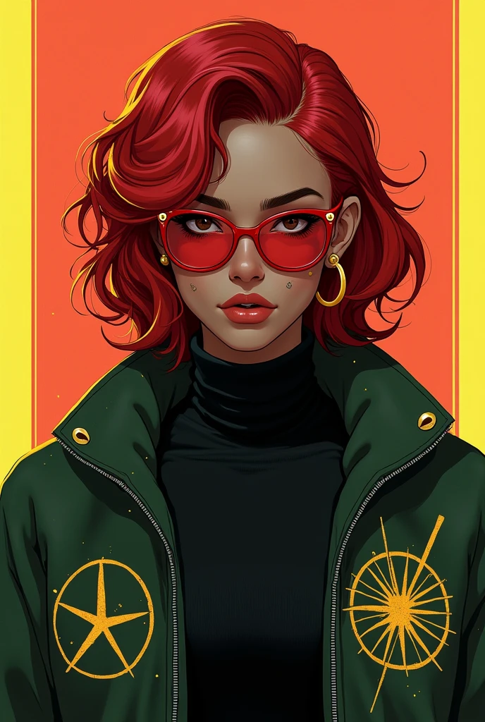 a female character in 2d cyberpunk style, A 28 year old woman, brown skin, eyes on black color, serious eyebrows. her hair is wavy in the style of a mullet cut in a bright red color, wears a thick dark green jacket with strange symbols scattered randomly, bright golden in color. wears a turtleneck blouse tucked into the jacket. red protective glasses on the eyes. a small hoop earring in her right ear and has some scars on her face and neck