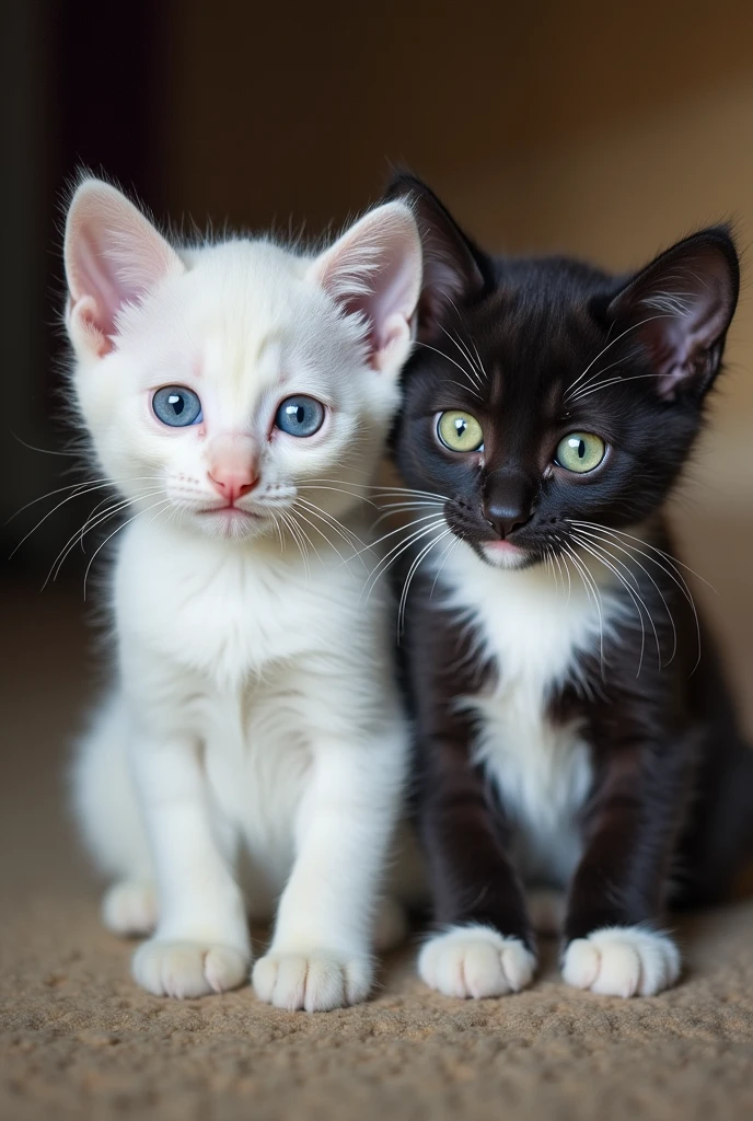 white kitten with blue eyes and black and white kitten with green eyes
