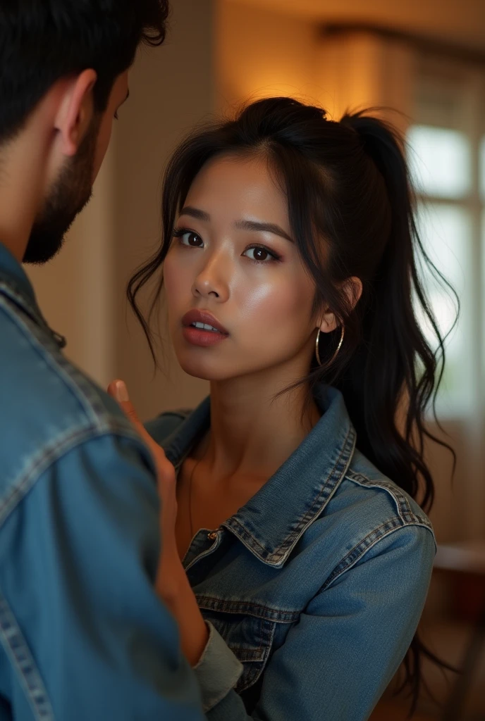 arafed asian woman with a big dille getting fucked by a man, ponytail,denim jacket