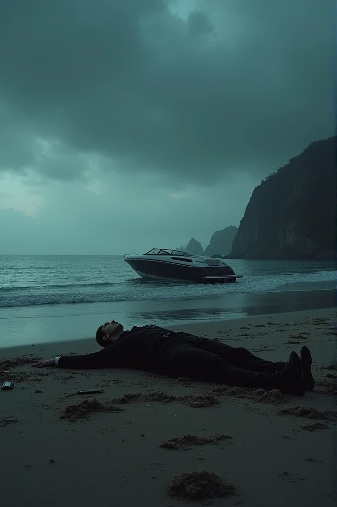 evidence of a criminal case intentional homicide on an empty beach, a luxury speedboat stopped, dark colored environment