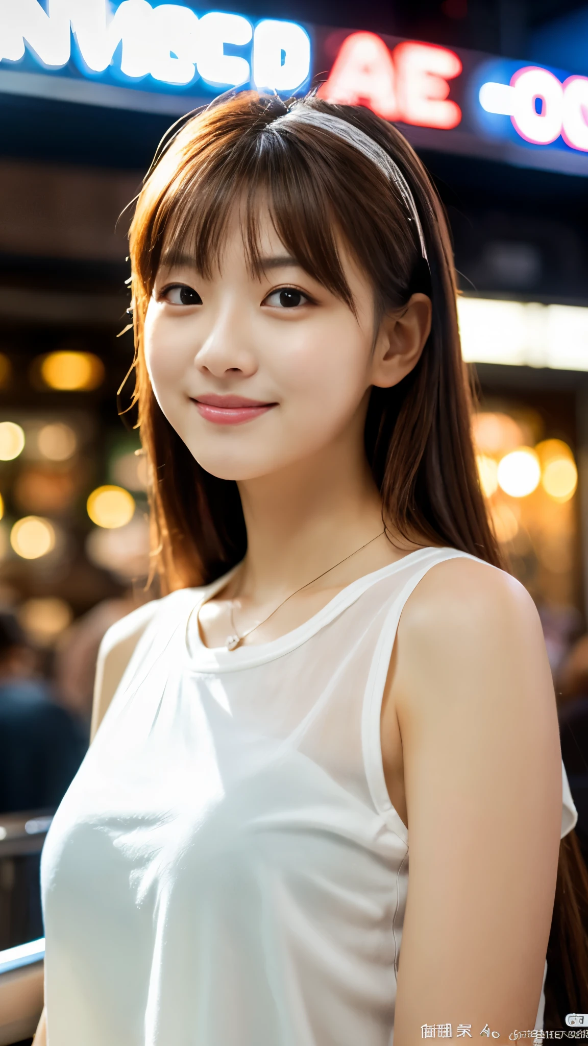 A very cute face like an idol, Looks like a young face, 20-year-old female, Gentle and cute, A kind smile, A slightly see-through white blouse, (whole body像), A crowded bar, Cinema lighting, Natural light, whole body, RAW Photos, Genuine, Artistic, (High level of artistry), High quality that is indistinguishable from real life, realism, Real Stick, High resolution, masterpiece