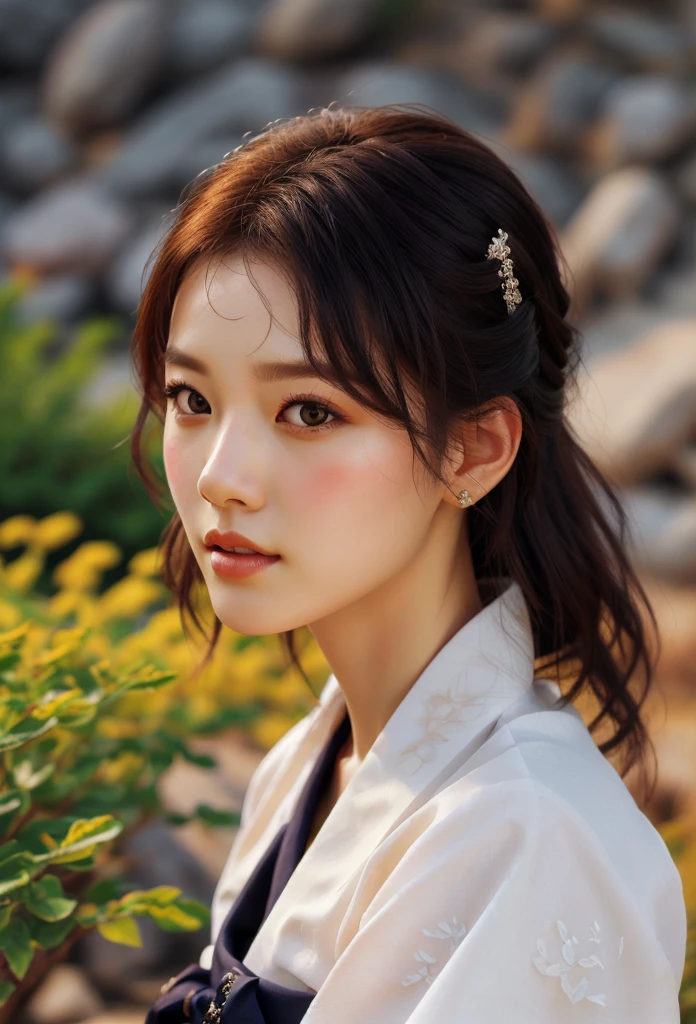 1 woman, very detailed and intricate details, alone, beautiful orange summer hanbok, realistic style, (masterpiece, best quality, hyper-realistic: 1.2), very detailed, (hyper-realistic, realistic: 1.37), vivid colors, warm lighting, detailed facial features, porcelain skin, elegant pose, lush natural background