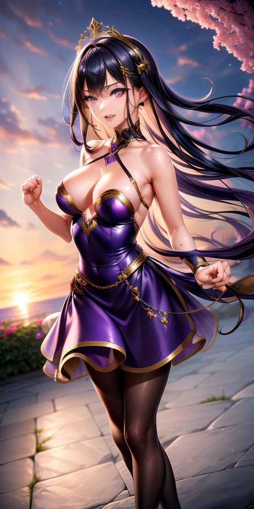 (masterpiece), best quality, intricate details, ultra details, ultra quality, rule of third, (looking at viewer), detailed face, detailed iris, glossy lips, 1girl, solo, long hair, purple eyes, hair between eyes, purple hair, hair intakes, bangs, :D, (full body shot), pink dress, outside, field of flowers, dancing (clenching fists, better hands)