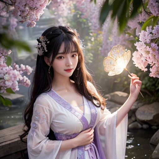 best quality, Delicate face，beautiful visual work, lifelike, eternity, black hair, Long curly hair, blunt bangs, Smile, Detailed Background, Delicate face，blush，cold，((masterpiece))、(top quality)、8k、high detail、Super detailed，21 years old female，Wearing Tang Dynasty Hanfu、waist skirt, Clothes are light and fluffy，Hanfu, wide sleeves, Transparent sleeves, Tunic, Clothes made of chiffon, Seductive and whimsical style、masterpiece、born、Scenes resembling fairy tale illustrations、Intricate details and complex designs、Beautifully、magic、capricious、 Beautifully、Dream aesthetics、「𝓡𝓸𝓶𝓪𝓷𝓽𝓲𝓬、ethereal、charming、fickle、magic」、Realism、Visual effects、FXAA、SSAO、Shaders、voiceless、ambient lighting、Tone mapping、High resolution、Ultra high quality、Million pixels、(8K resolution:1.10)、8k、Below 8K、8K resolution、high detail、intricate details， (high quality:1.2、masterpiece:1.2、:1.21)、(21 years old female:1.21)、(Smile excitedly)、(Surrounded by a dream-like atmosphere、Model diagram，full-body shot，Normal 2 feet，Put your hands behind you，The protrusion of the breast is visible when wearing clothes, Large Breasts, H cup chest, antiquity, Xian Xia, gauze clothes, Soft and fluttering, Fairy, dream, fantasy, light, elegant, nature, Immortal, romantic, classical, ribbon, light purple clothes, By the stream


