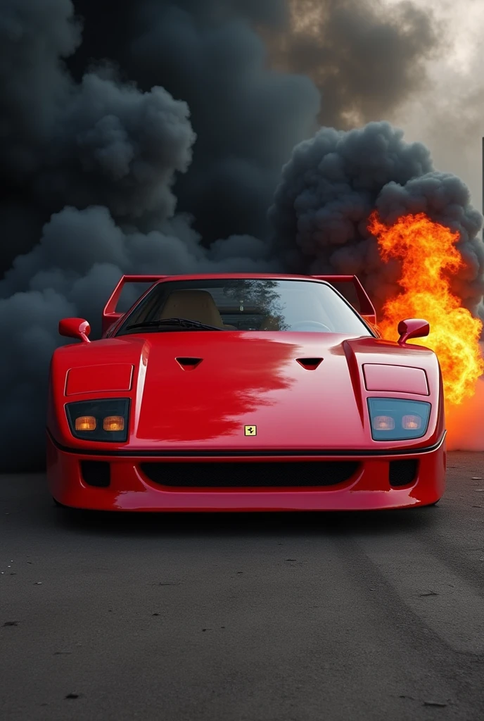 Ferrari f40 on fire with black smoke seen engulfing it recreating a legendary photo that looks realistic