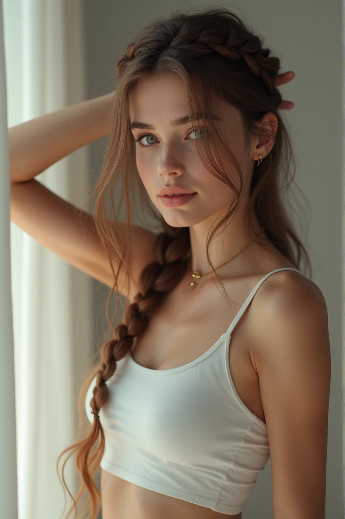 (masterpiece, Highest quality:1.1), (ultra detailed 8k cg:1.2), (hyperRealistic:1.35), (PhotoRealistic:1.45), (Realistic:1.4), [Cowboy Shot], (Soft lighting), 1 beautiful girl,Russian, 16 years old,(crown braid hair),shaggy hair,Put your hands in your hair, Underarm, Please raise your hand,white crop top,(Flat Chest:1.2),Narrow waist,