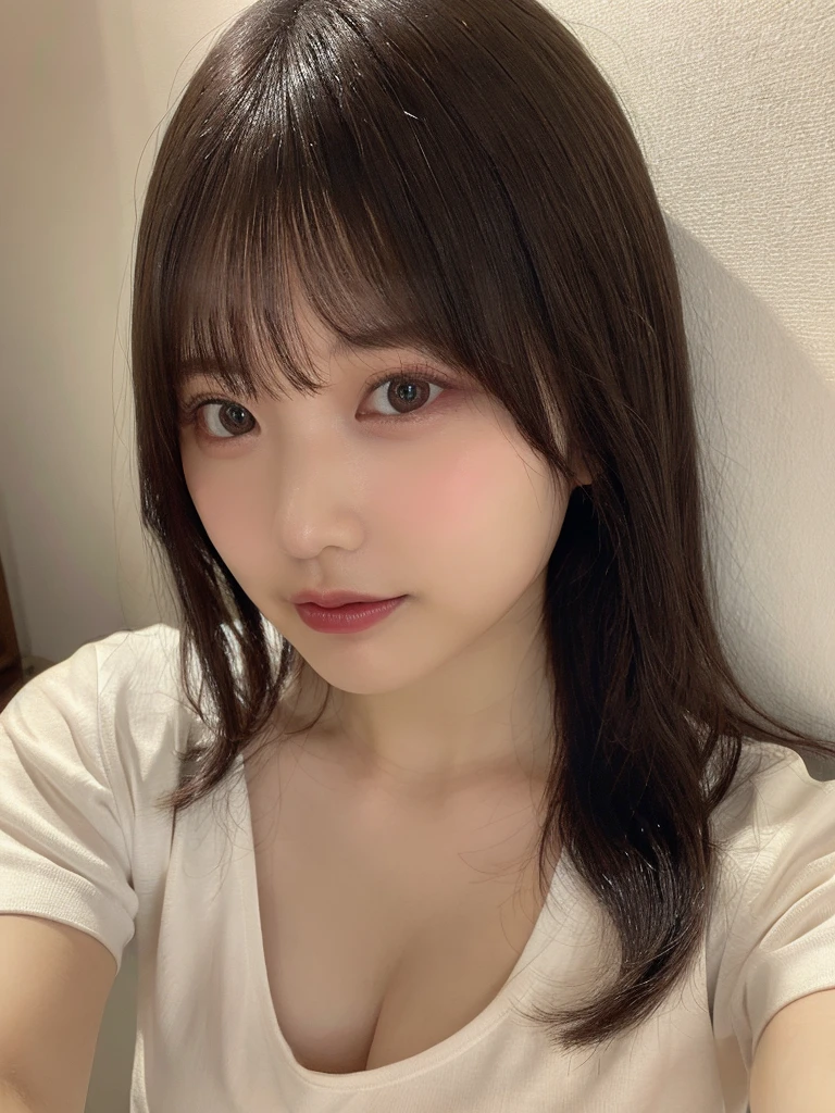 live-action、22 years old、The whole body is shown:1.2、muste piece, highest quality, super detailed, finely, High resolution, 8k wallpaper, perfect dynamic composition, i am a photographer, she is a model, detailed and beautiful eyes,I can see the nipples:1.2、I can see your breasts, long hair, big breasts, natural color lip, random sexy poses, Plain wall background,  selfie, white t-shirts,口を少し開ける, 