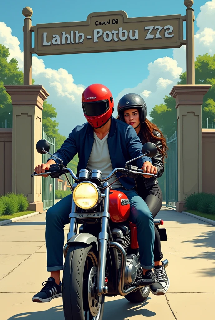 Here is the description of the illustration:
A couple on a Honda CG motorcycle at the entrance to the Guarulhos Zoo. The man is muscular, 4th year, offwhite, wearing a red motorcycle helmet and a navy blue bomber jacket. The girl is 27 years old and is on the back, hugging him around the waist, She is a brunette with very black hair wearing black pants, All Star and a leather jacket. She wears a red helmet. The background shows the entrance to the zoo, with the plate visible. Helmets cover the face This description should give you a good idea for creating the desired illustration. If you need more details or adjustments, me avise!