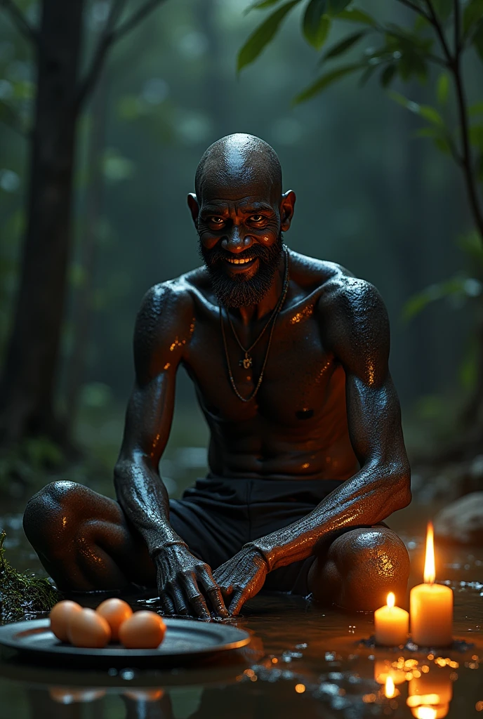 black male,unshaven beard,worn out clothes,eyes browns,,middle-age, feet in the mud, sitting in a swamp,like lit candles and a plate with eggs and a bottle of cachaça, baldie, body covered in black slime, Grinning