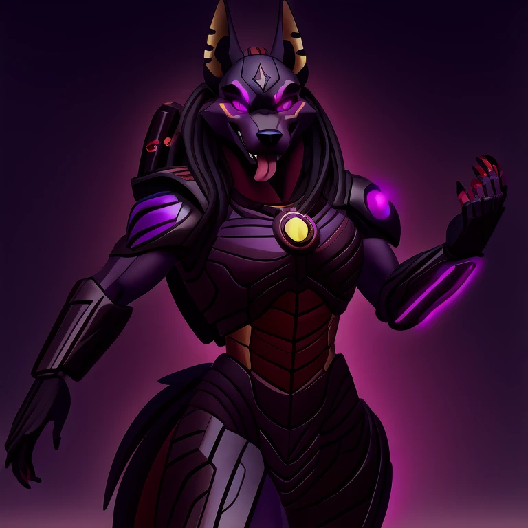 (masterpiece, best quality:1.2), Vortex Anubis hellhound, wolf, furry, helluva boss, hypnotized with glowing purple eyes, tongue out, wearing predator futuristic armor, using a Pulse Rifle, Energy Rifle, Futuristic assault rifle, dancing ridiculously