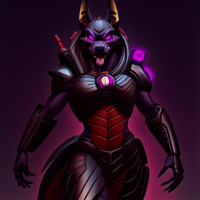 (masterpiece, best quality:1.2), Vortex Anubis hellhound, wolf, furry, helluva boss, hypnotized with glowing purple eyes, tongue out, wearing predator futuristic armor, using a Pulse Rifle, Energy Rifle, Futuristic assault rifle, dancing ridiculously