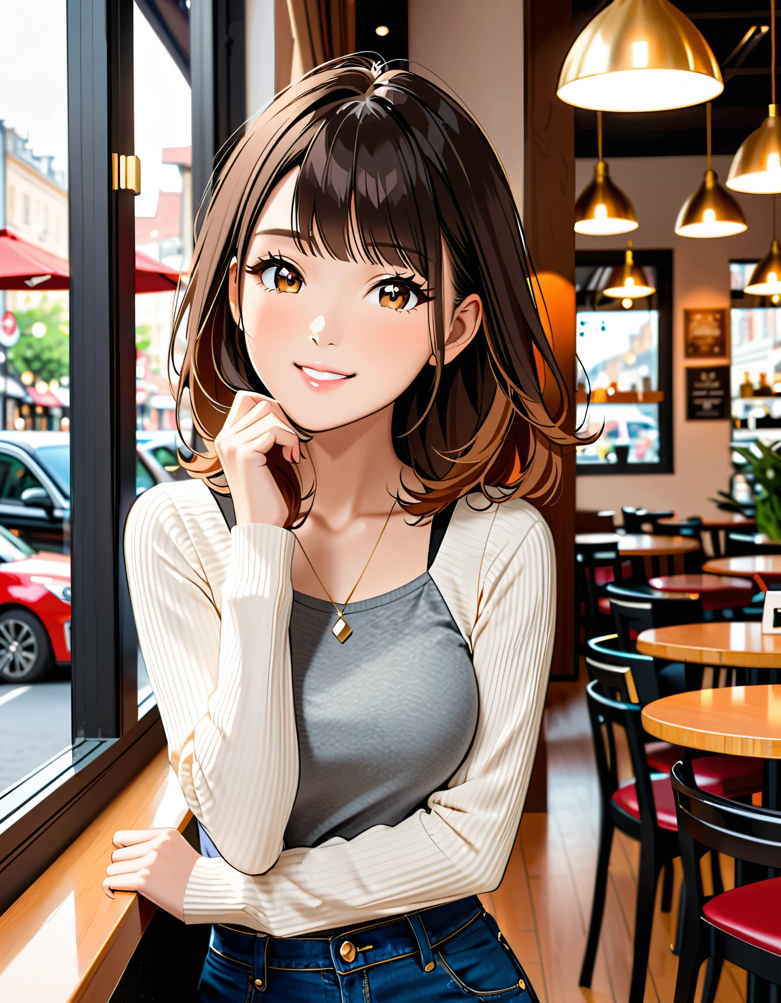 .Half body photograph of a cute and attractive woman in a trendy cafe with many windows ::3 Trendy, modern form - fitting clothing that accentuates her perfect body ::2 Photograph captured using a Canon 6D Mark II with an 85mm lens at f/ 4 and ISO 100 ::3 Glamour shot, award - winning photograph, sharp focus, dynamic lighting ::1