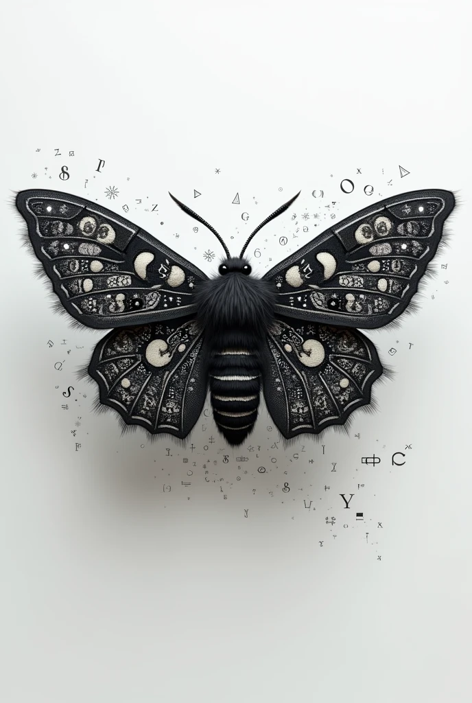 Black and white furry moth formed by math symbols