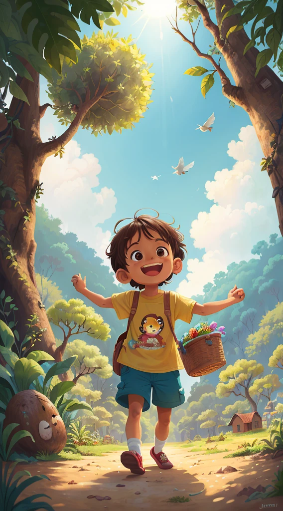 (Artistic drawing of masterpiece, 1 chico , Happy excitement, Intrepid encounter with a cheerful cocoa tree ( Enhanced detailed animation), Ropa BLANCA Y NEGRA. ( Obra maestra detallada), campo , birds (realista), luz solar, nubes, campo abierto.