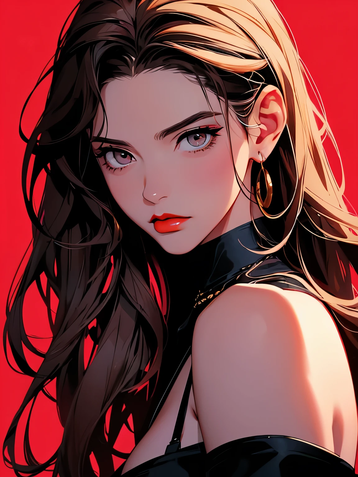 2d illustration, anime, a painting in fine arts, in manhwa style, (boa hancock), 1girl, brown hair, long hair, big hair, golden eyes, makeup, (red lips), beautiful, high definition, masterpiece, best quality, high detail, high detailed eyes, grain filter, Detailed lips, high resolution, ultra-detalhado, mulher caucasiana, realista proportions, Anatomicamente preciso, bochechas rosadas; intimate distance, dark lighting, alta qualidade, premiado, high resolution, 8k, dark atmosphere, ((sexy)), (detail eyes), (mature)