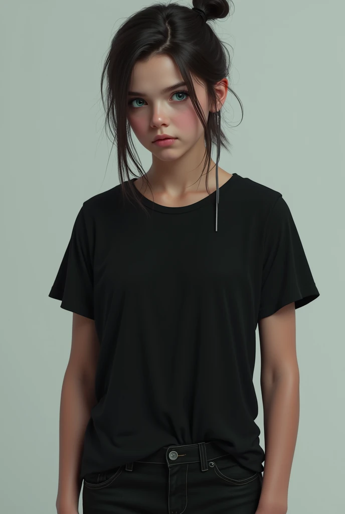 A boy with attitude in his blue eyes have long hairs tied up wearing black shirt and black jeans 