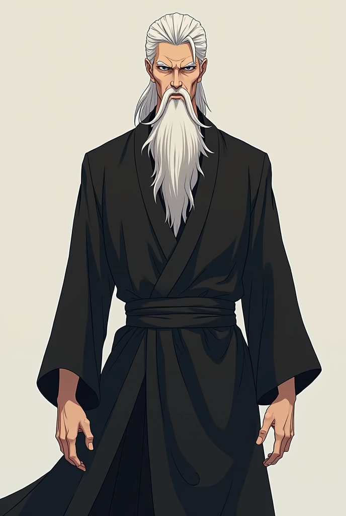 Tall Man, 1.88, skinny with a marked body. White hair and a characteristic ponytail. White beard and a long scar around the carotid artery on his neck. The thinnest hands and with a perfect pulse. Anime style and very young, that he has a long black robe