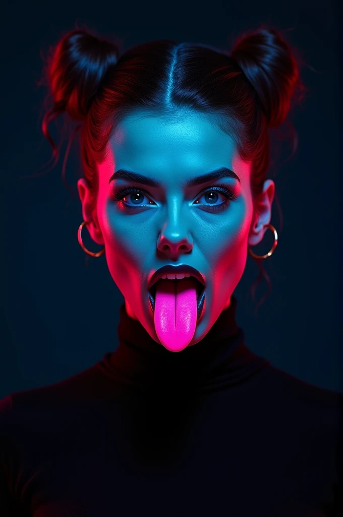 Woman's head contour with buns, sticking out neon pink tongue with black background