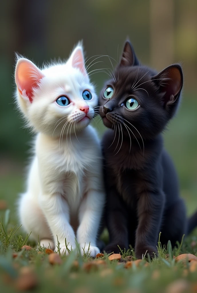 white kitten with blue eyes and black kitten with white and green animated eyes