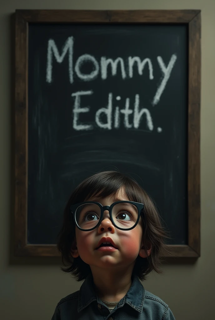 A black-nosed child with glasses and crying in front of a blackboard that says Mommy Edith 