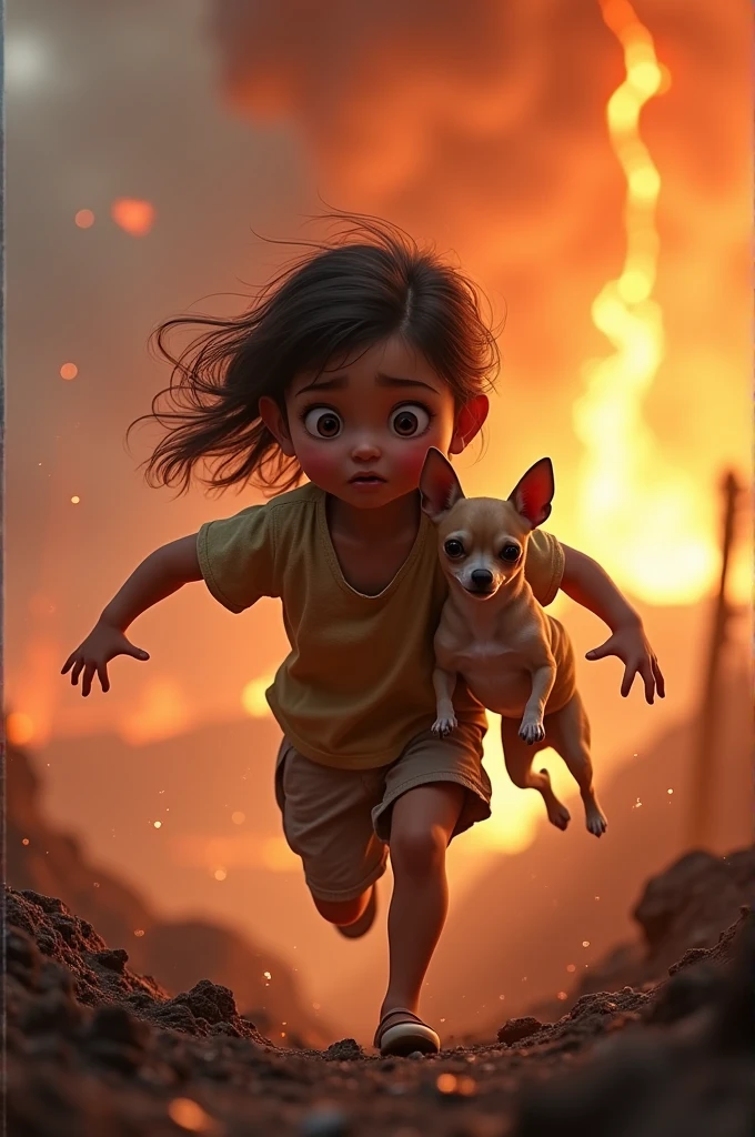 Girl carries Chihuahua as she runs away from volcano eruption